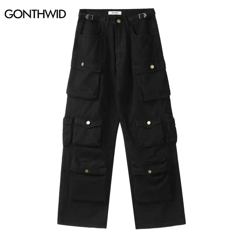 GONTHWID HipHop Streetwear Cargo Pants Multi Pockets Joggers Pants 2023 Men Harajuku Harem Trousers Straight Tactical Cargo Pant