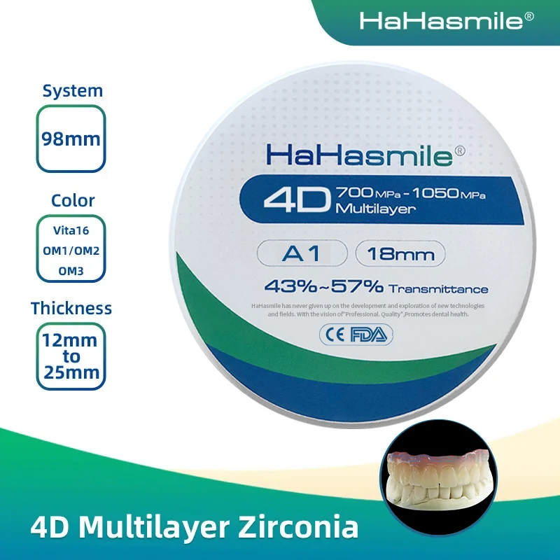 

HaHasmile 4D Multilayer Zirconia Blocks A1 A2 A3 A3.5 Color 98mm 6 Layers Cad Cam Disc Milling System Dental Zrconium Blank