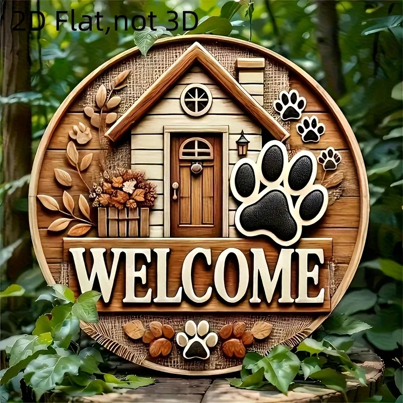 2D Flat - 1pc Classic Wooden Paw Print Welcome Sign | Round Pet Lover Gift, Non-Electric Animal Theme Door Wall Decoration, with view 5