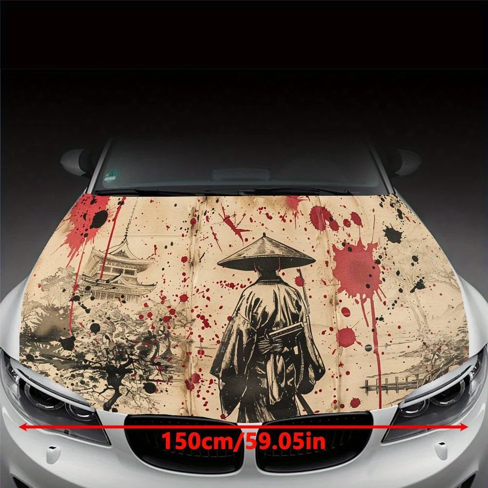 Samurai Wearing A Bamboo Hat Splattered Blood Car Hood Vinyl Wraps Sticker, Car Engine Decal, Waterproof Self-adhesive Car Packa