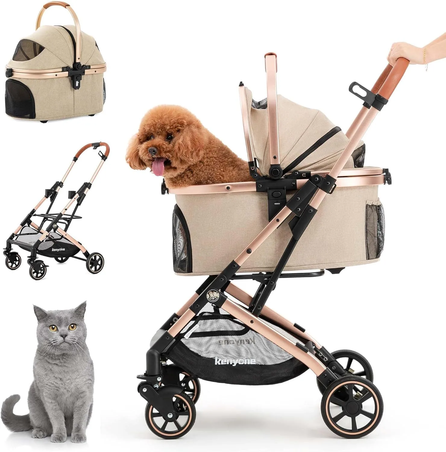 Cochecito Ligero 3 en 1 para Perros y Gatos Pequeños - Transportín Desmontable, Color Caqui