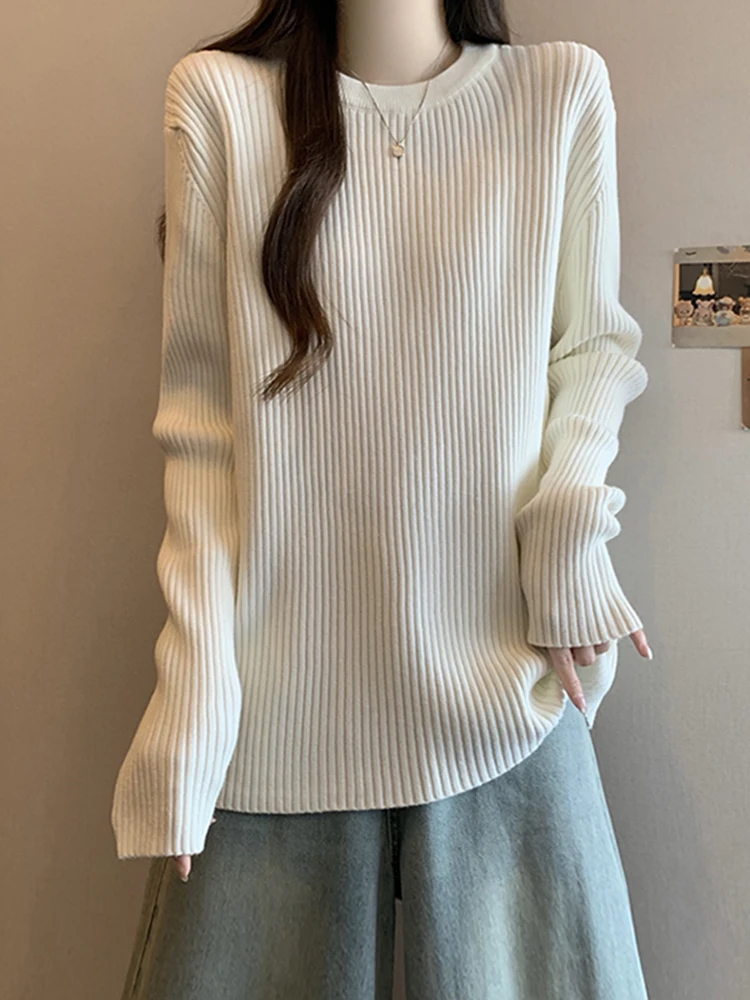 

Свободный вязаный свитер с круглым вырезом для женщин, осенне-зимний, модный, облегающий, базовый слой, нижняя одежда, топ