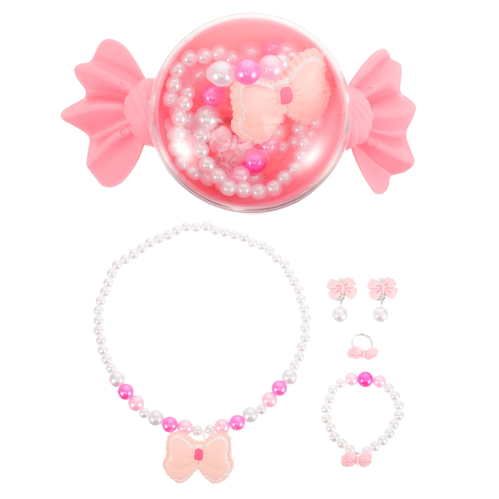 

1 set Kids Set Girls Necklace Toddler Jewelry Bracelet Earrings Ring Kids Necklace For Girls Pink Bow Toddler Age 2-6 Gifts
