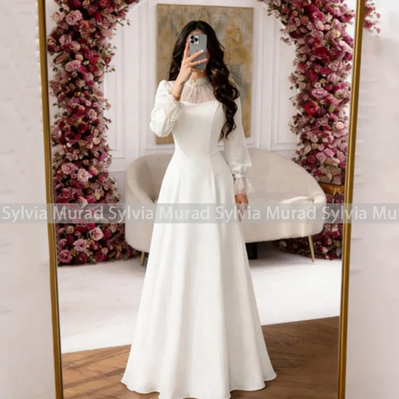 

White A Line Evening Dress Illusion High Neck Long Sleeves Customized Prom Dresses Party For Women