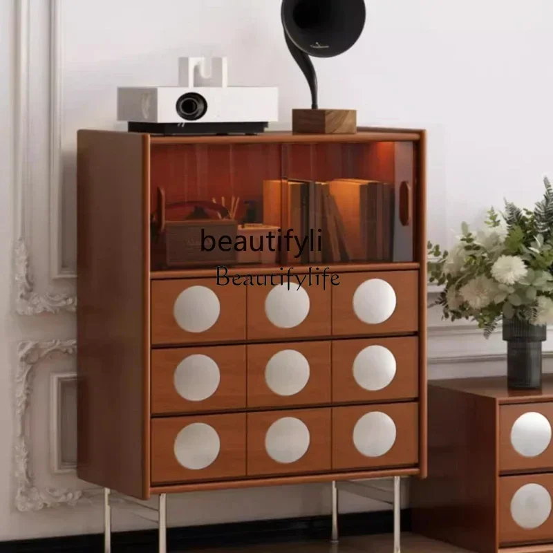 

Retro solid wood chest bedroom bedside storage, modern small apartment living room drawer, sofa side cabinet