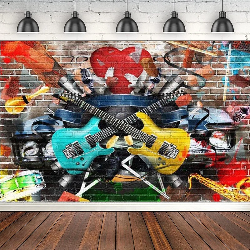 

Rock And Roll Guitar Phtography Backdrop Graffiti Brick Wall Musical For Party Decor 80s 90s Birthday Disco Concert Background