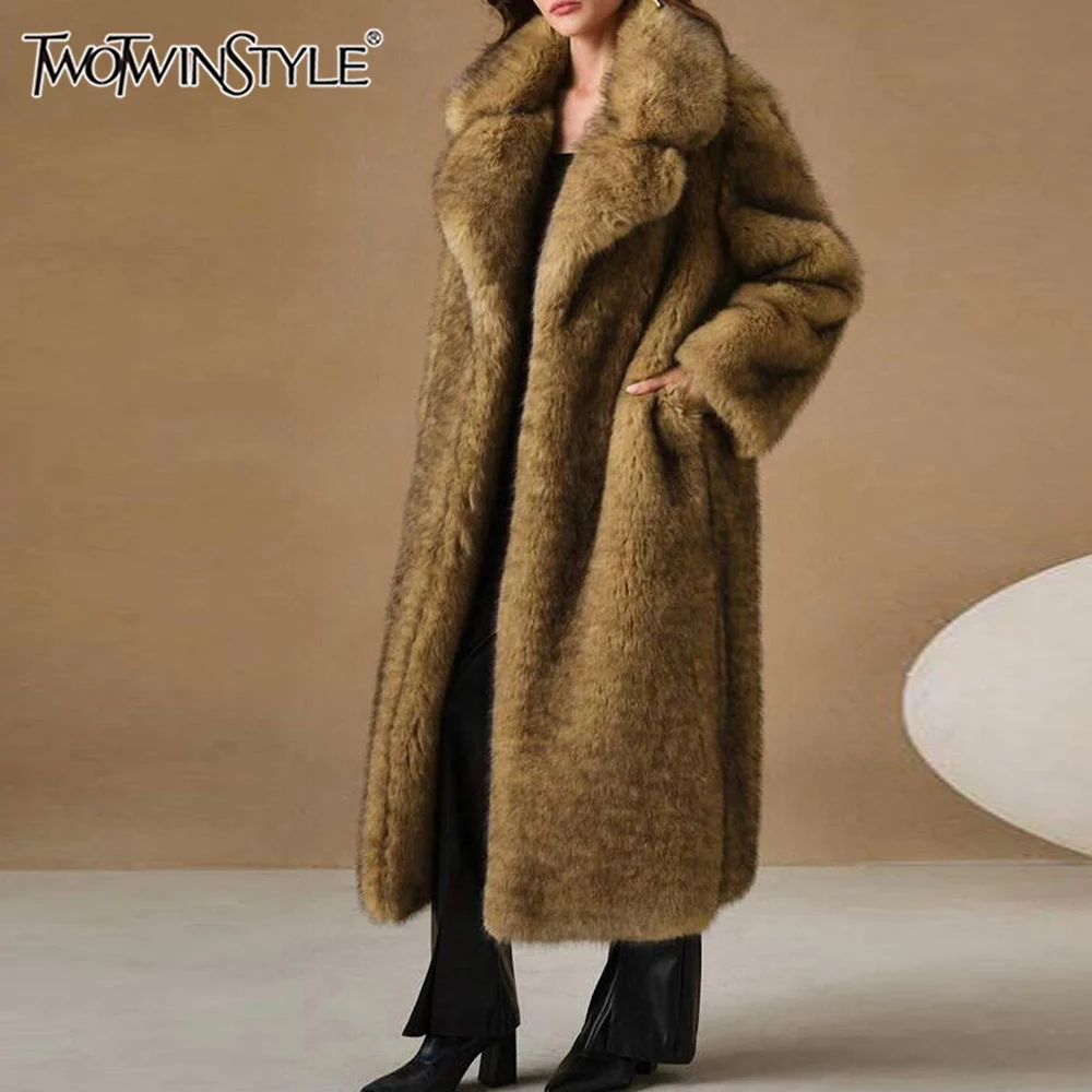 

TWOTWINSTYLE Luxury Patchwork Imitation Fur Mid Length Coat for Women Lapel Long Sleeve Spliced Pocket Loose Winter Coats Female