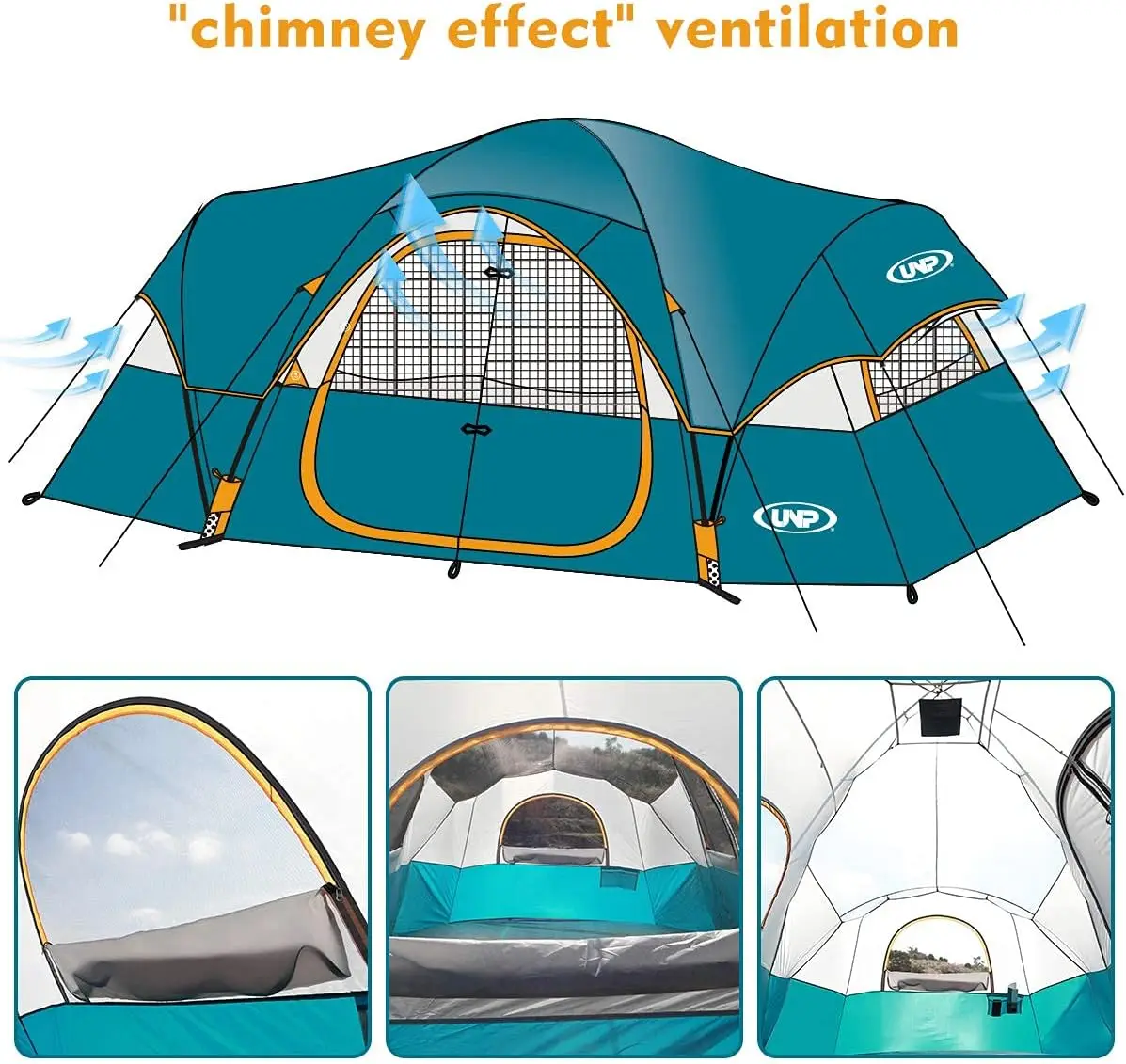 UNP Camping Tent 10-Person-Family Tents, Parties, Music Festival Tent, Big, Easy Up, 5 Large Mesh Windows, Double Layer, 2 Room,