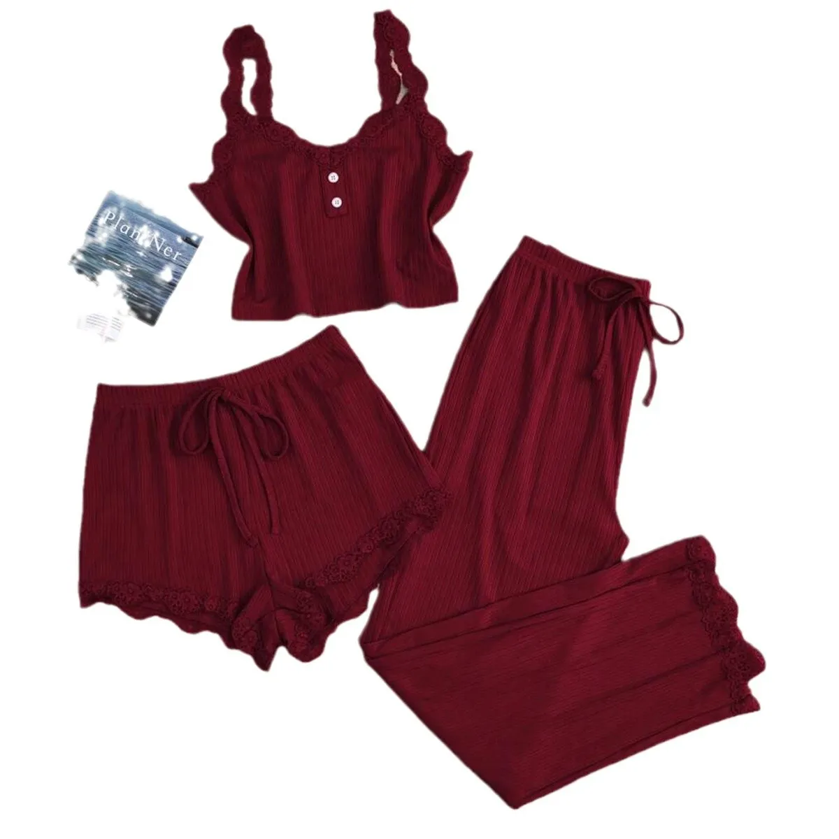 새로운 레이스 트림 캐미솔과 반바지 파자마 여성 홈웨어 3피스 세트 섹시한 잠옷