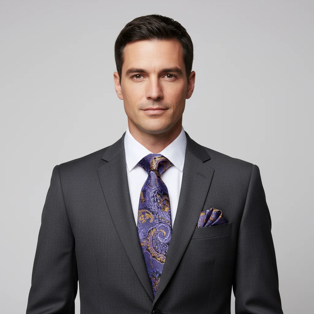 3-teiliges Herren-Krawatten-Set mit lila Blumenmuster, Paisley-Streifen, solide Satin-Krawatte, Einstecktuch, Manschettenknöpfe, Set, Hochzeit, formell, lässig, Büro, Party