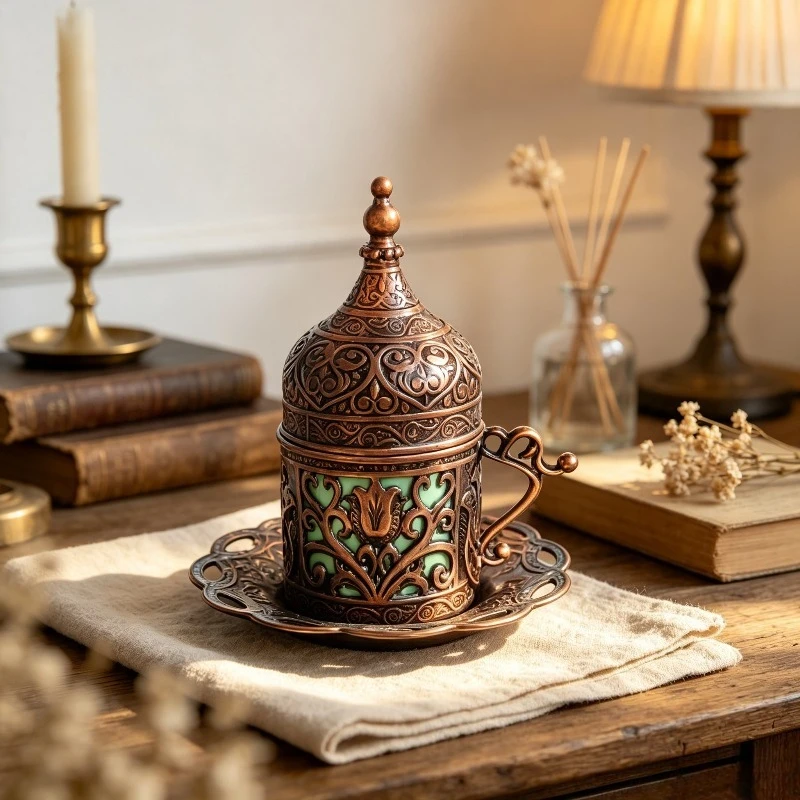 Vintage Turkish Copper Coffee Cup Set, Royal European Espresso Mug Gift with Lid & Saucer, Ceramic Coated Metal Drinkware.