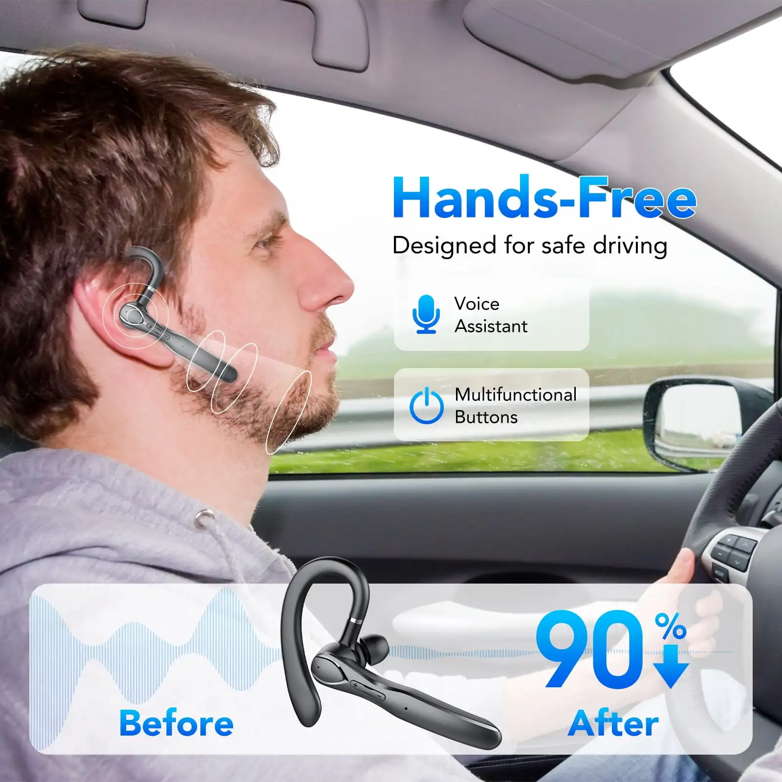 سماعة رأس بخاصية البلوتوث V5.3 100H سماعة أذن لاسلكية بدون استخدام اليدين مع ميكروفون مزدوج ENC لإلغاء الضوضاء كتم صوت سماعات أذن واحدة