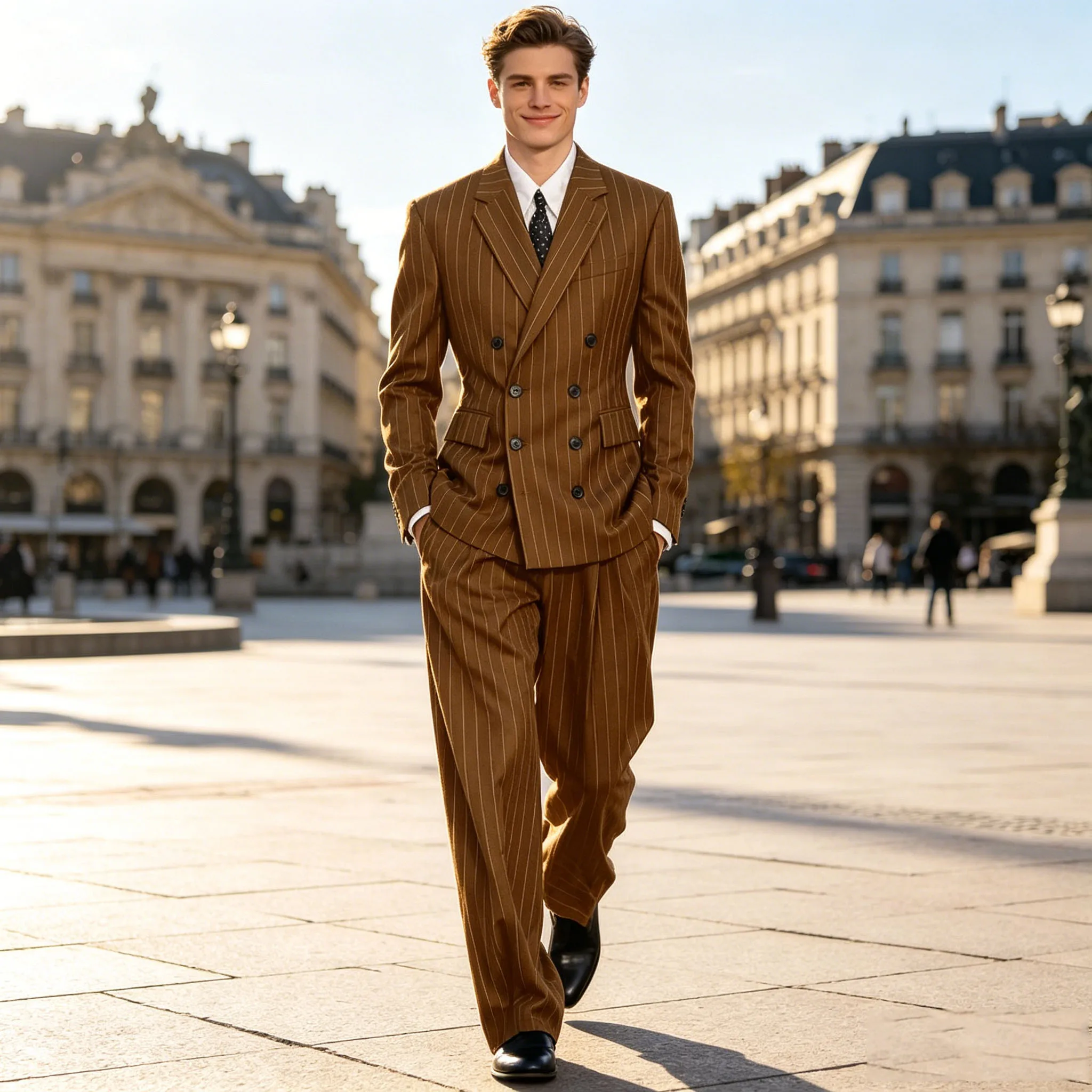 Traje de hombre marrón a rayas, 2 piezas, doble botonadura, corte ajustado, chaqueta con solapa de muesca, pantalón de pierna ancha, conjunto formal para negocios y bodas