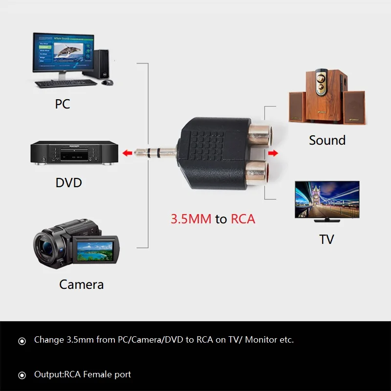 Asenwell barato conversor de áudio estéreo 3.5mm macho para rca fêmea conversor aux para l/r 2ch jack amplificador de áudio para fone de ouvido do telefone