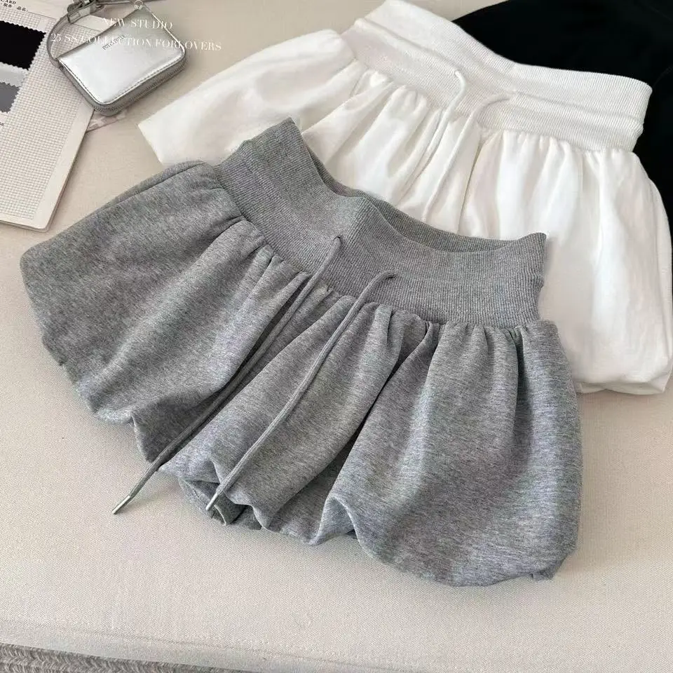 

Ballet Style Gray Drawstring Skirt Hot Girl Slimming A Line Elastic Waist Puffy Versatile Short Skirt for Women