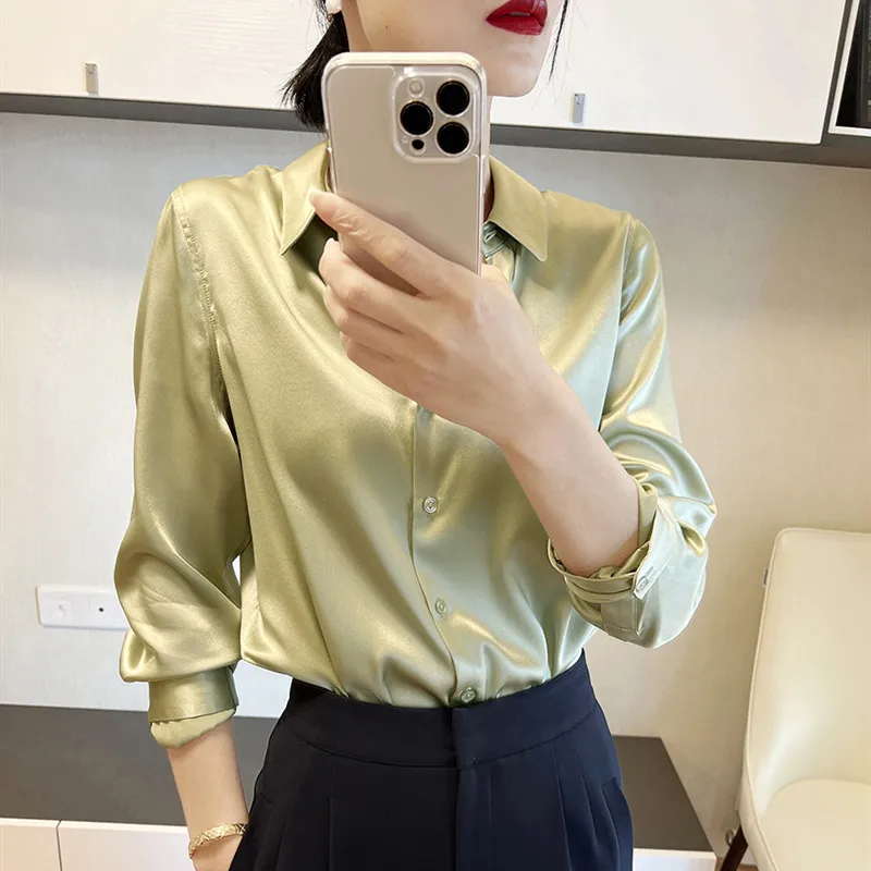 Autumn Fashion Button Up Satin Silk Shirt Vintage Blouse Women White Lady Long Sleeves plus size Street camisas feminina