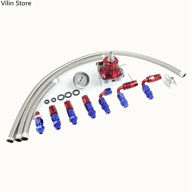 Universal Adjustable Fuel Pressure Regulator Kit with Oil Gauge 0-100 Psi-6AN Fitting End Blue-Red