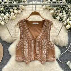 Vintage Bohemian Casual Distressed Sleeveless Chic Embroidery Sweet Elegant Vest Korean Fashion Basics Women Office Lady Top