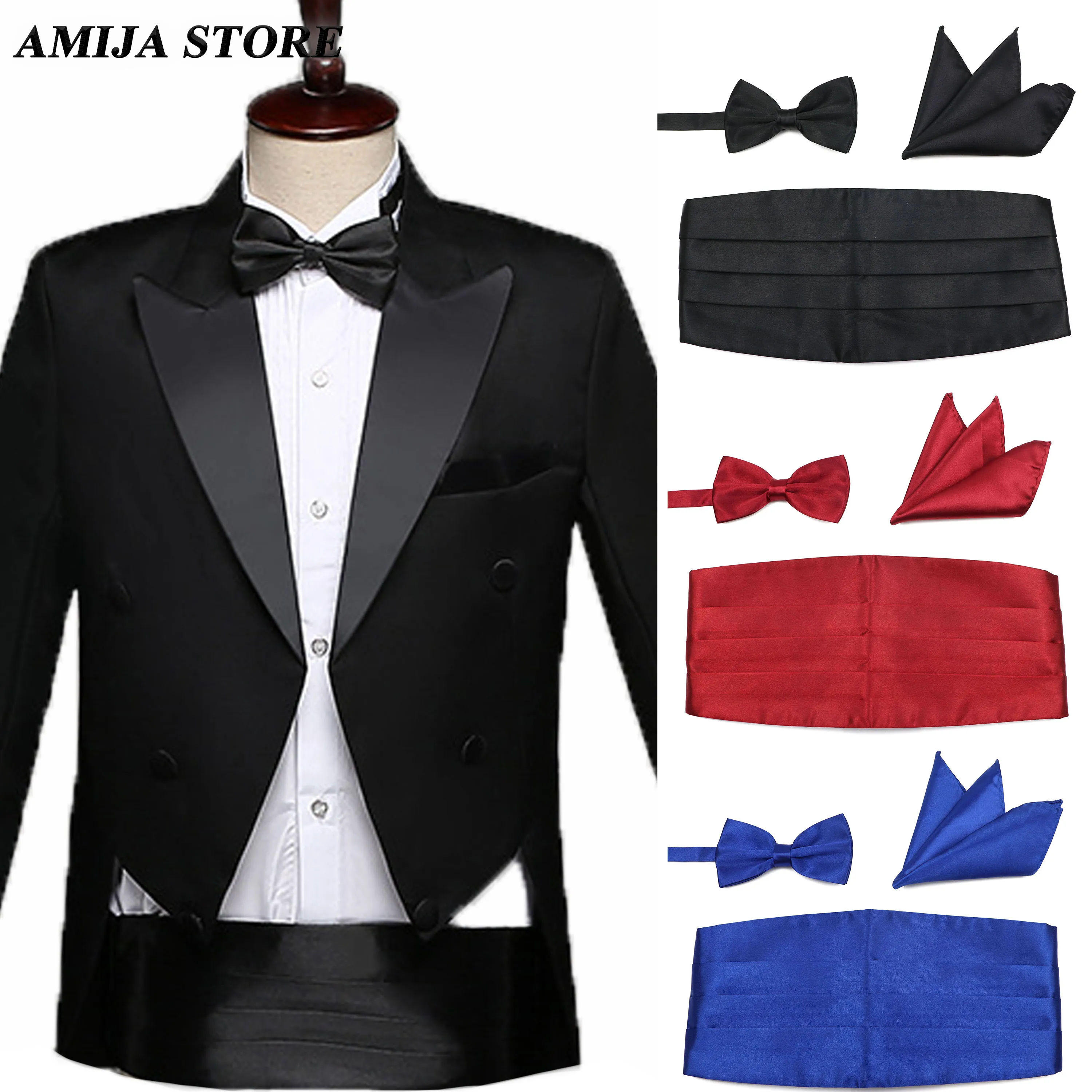 Colorful Mens Cummerbunds Bow Tie Pocket Square Set Black Red Waist Seal For Formal Tuxedo Suit Wedding Dinner Party Accessories