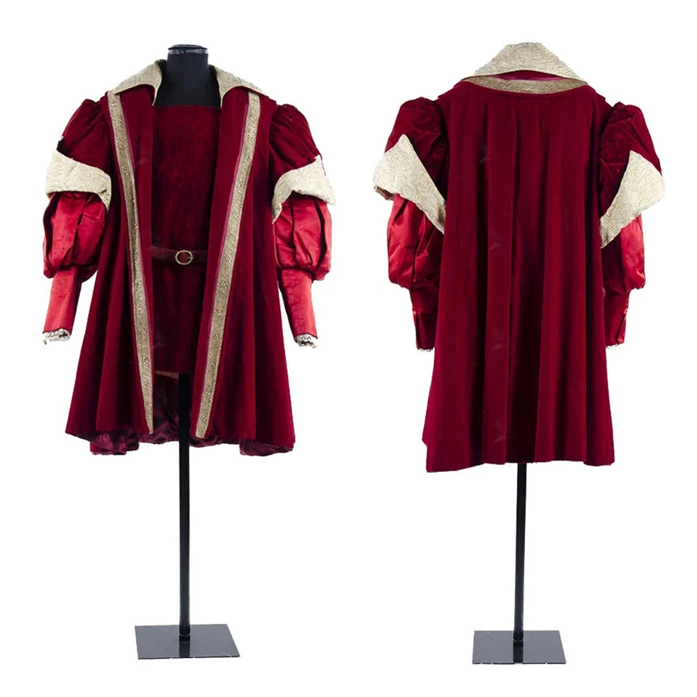 17th Century Tudor Regency King Prince Costume Men's Rococo Colonial Noble Red Velvet Uniform Suit Royal Court Gown