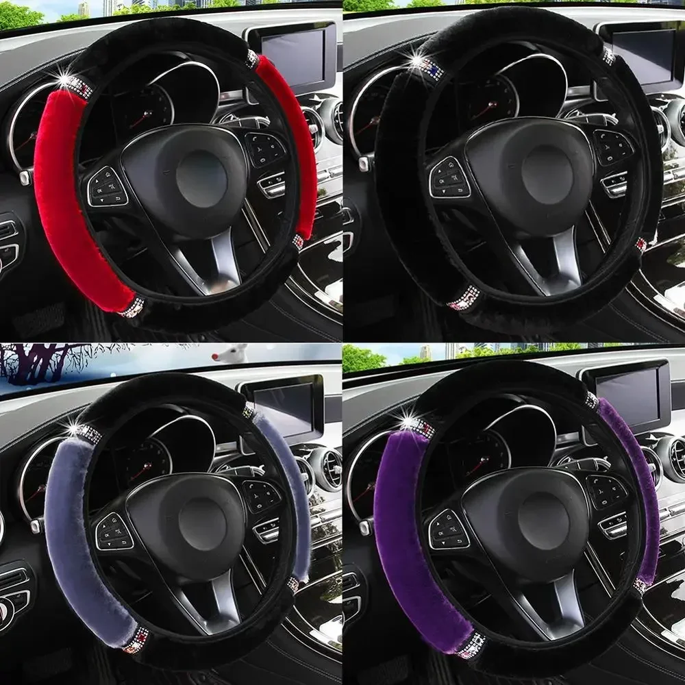 Housse de volant de voiture universelle en peluche douce avec strass, 37-38cm de diamètre, accessoires d'intérieur, housse de direction, style de voiture