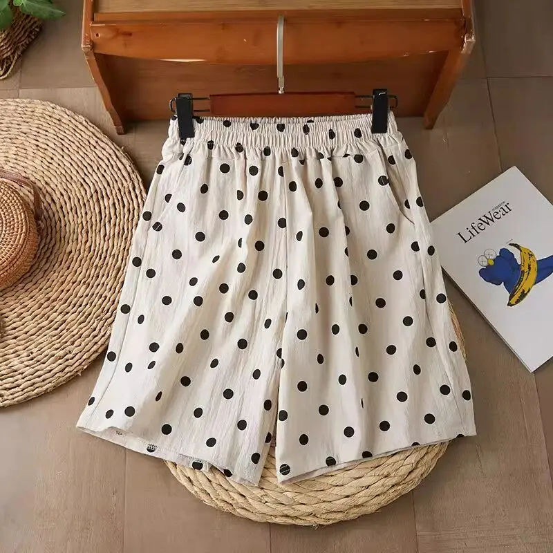 Cotton Linen Polka Dot Women's Shorts Summer Loose Elastic Waist Shorts with Pockets Wide Leg Lightweight Knee Length Pants