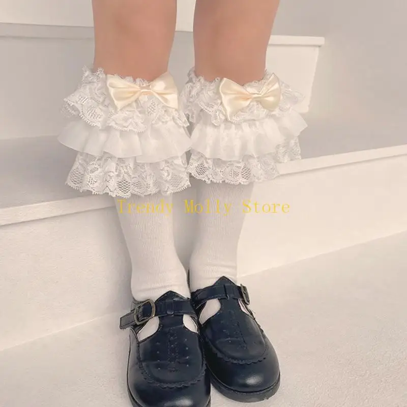 N5kb enfants bébé filles gothiques genoue hautes chaussettes vintage multi-couches en dentelle à volants doux bonbons
