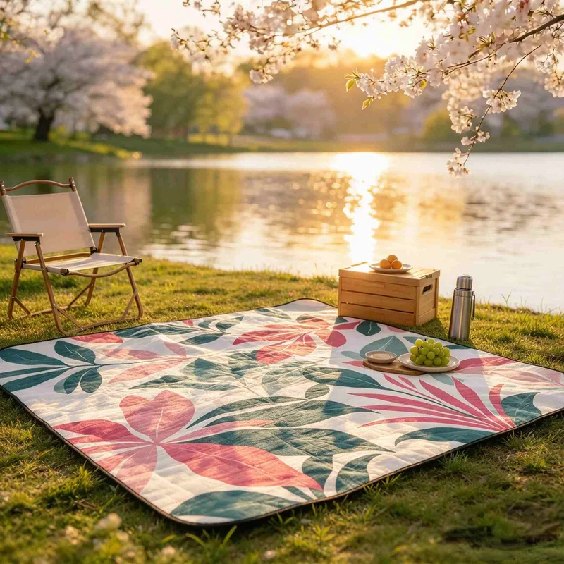 PU Coated Oxford Outdoor Picnic Blanket, Extra Large Padded Floral Fruit Printed Mat, Foldable with Strap for Beach Camping Trip