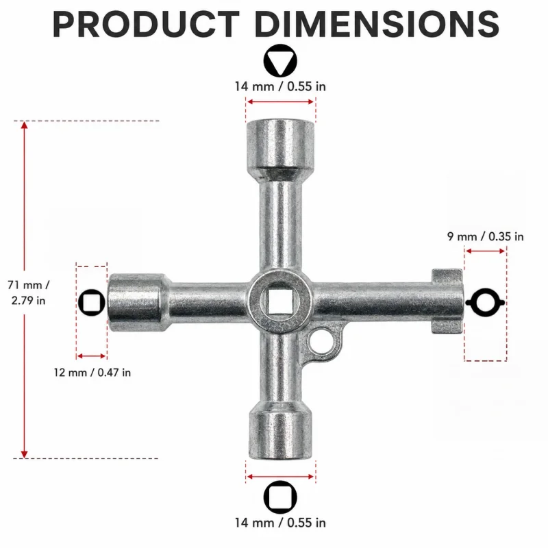 Universal Cross Key Wrench, 4 In 1 Multi-Socket Spanner for Cabinet, Elevator, Water Meter, Electric Control Valve Repair