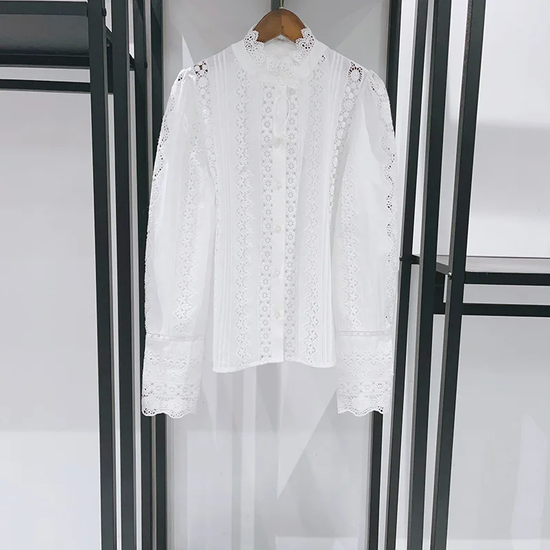 

【Gift Free】 Autumn Winter French-Style Niche Court Elegant White Petal Stand Collar Embroidered Hollow Cotton Shirt for Women