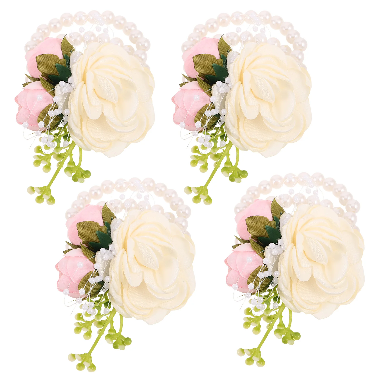 

4pcs Rose Wrist Corsage Wedding Hand Flowers Elegant Artificial Floral Bracelet Brides Bridesmaids Prom Pearl Accented