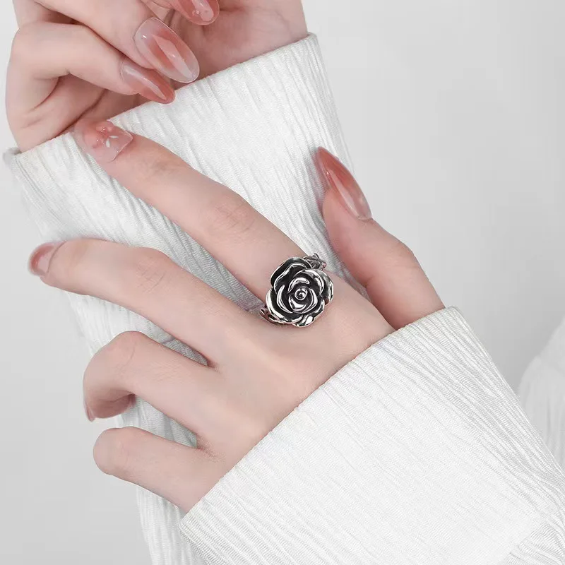 Fashion Lady S925 Ring Adjustable Vintage Relief Rose Flower  Women Jewelry Gift For Girlfriend