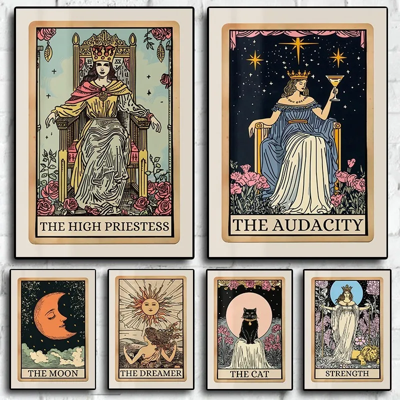 Affiche de carte de tarot de sorcière sans cadre, 1 pièce, The Audacity Witchy Dark Academia, soleil, lune, peinture mystique imprimée sur toile, images murales