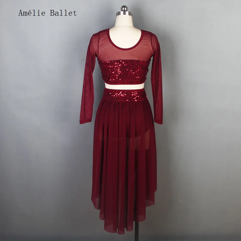 19600 Burgundy Sequin Lace Mesh Sleeves Top with Mesh Skirts Dancewear Ballet Costumes Lyrical & Contemporay Ballet Wear