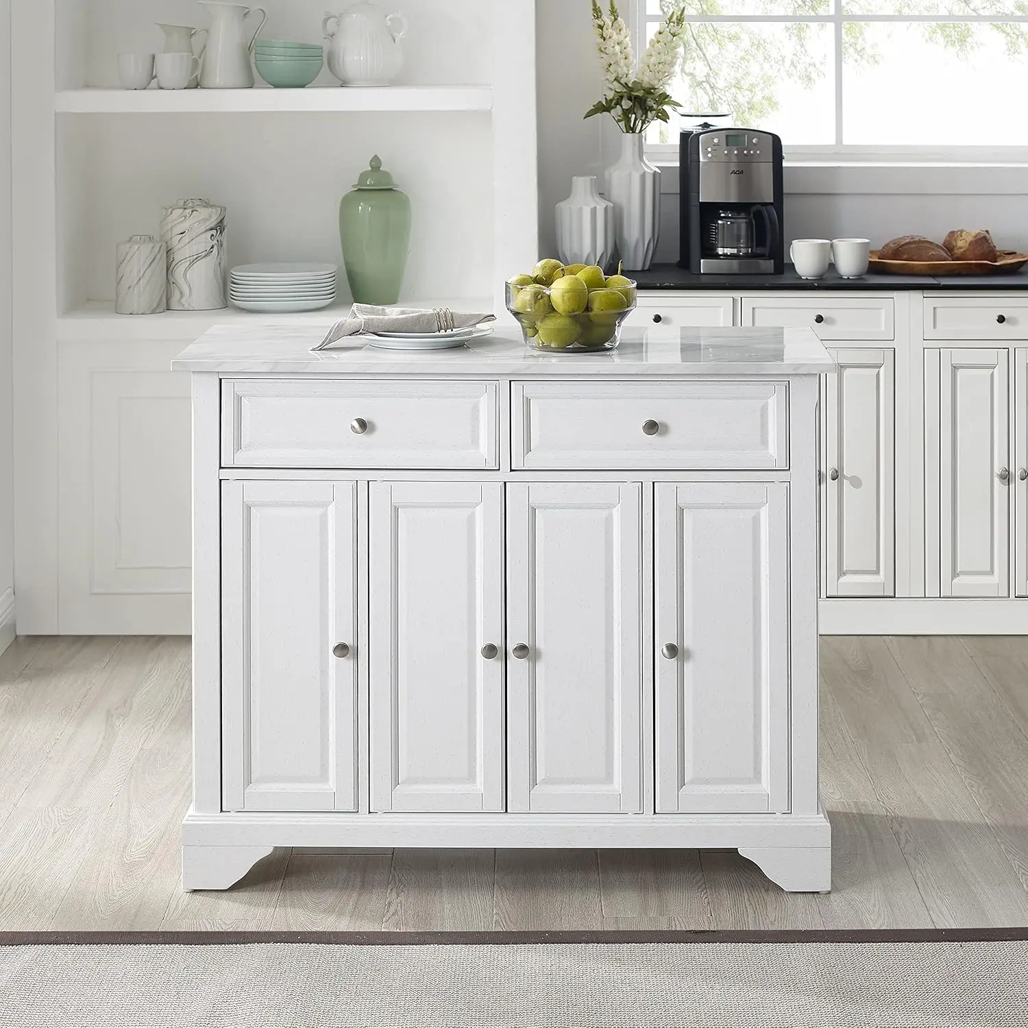 Avery Kitchen Island com Faux Marble Top, angustiado branco