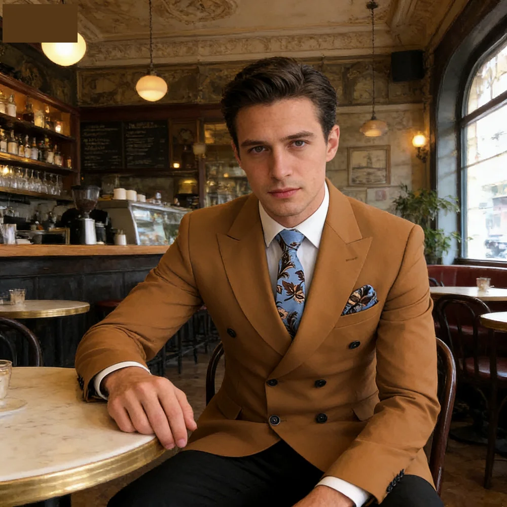 

Мужской двубортный смокинг с лацканами и двумя разрезами, приталенный деловой костюм (пиджак + брюки)