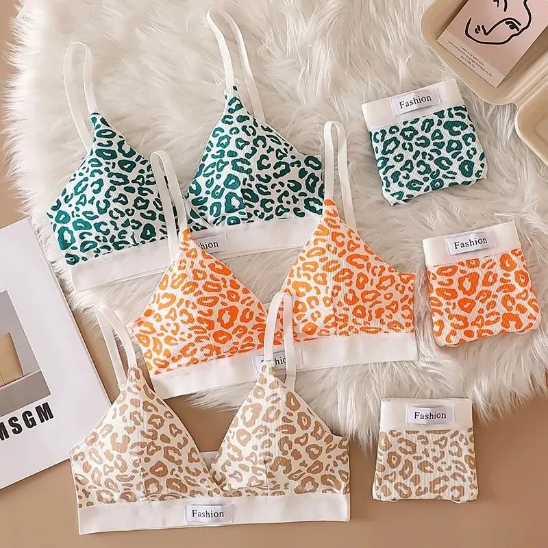 Low Waist Leopard Print Bra and Panty Lingerie Set Comfortable Daily Wear Soft Underwear Two Piece Intimate Apparel