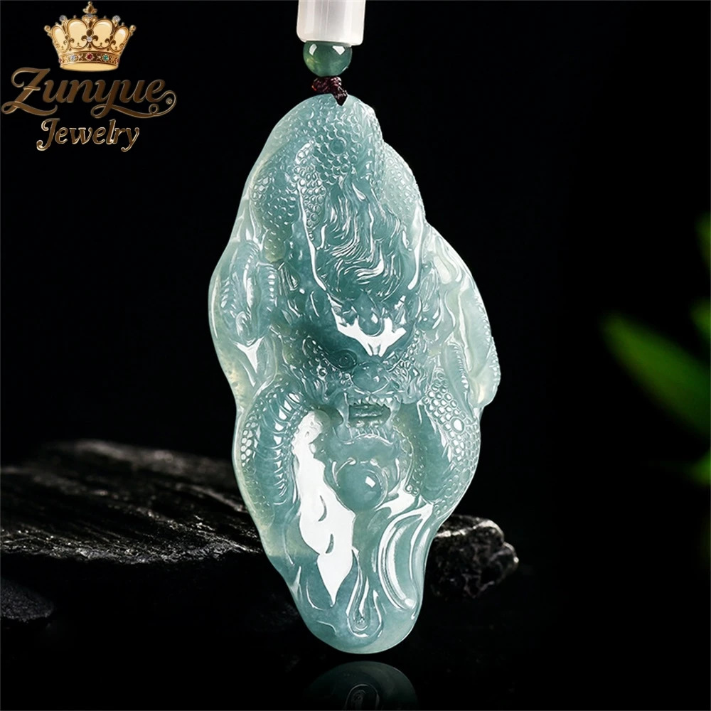 

Natural A-Grade Jadeite Blue Water Dragon Playing Pendant Grand Zodiac Dragon Pendant Luxury Quality Jewelry Best Selling Charms