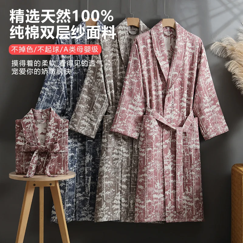 

Хлопковый трехслойный марлевый халат для пар, весенне-осенняя модная домашняя одежда с принтом, впитывающие быстросохнущие халаты
