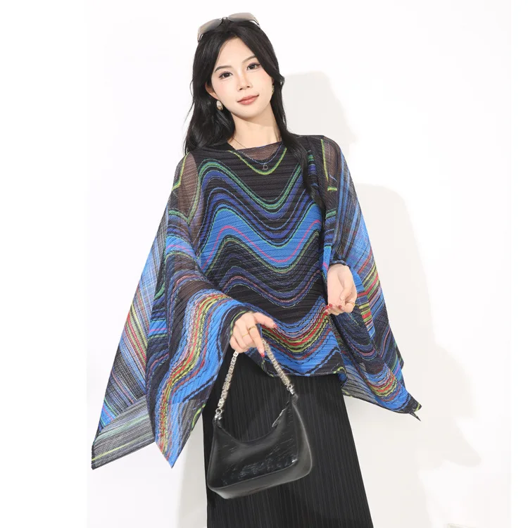 Miyake 2025 Spring and Summer New Striped Sunscreen Shawl Pleated Fashion Loose Casual Outfit Versatile Bat Sleeve Cloak Top