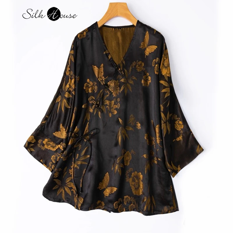 

2025 женская мода, ранняя осень, новинка, 35% натуральный шелковый глянцевый атласный топ с v-образным вырезом, свободные плечи, топ с девятью дюймовыми рукавами