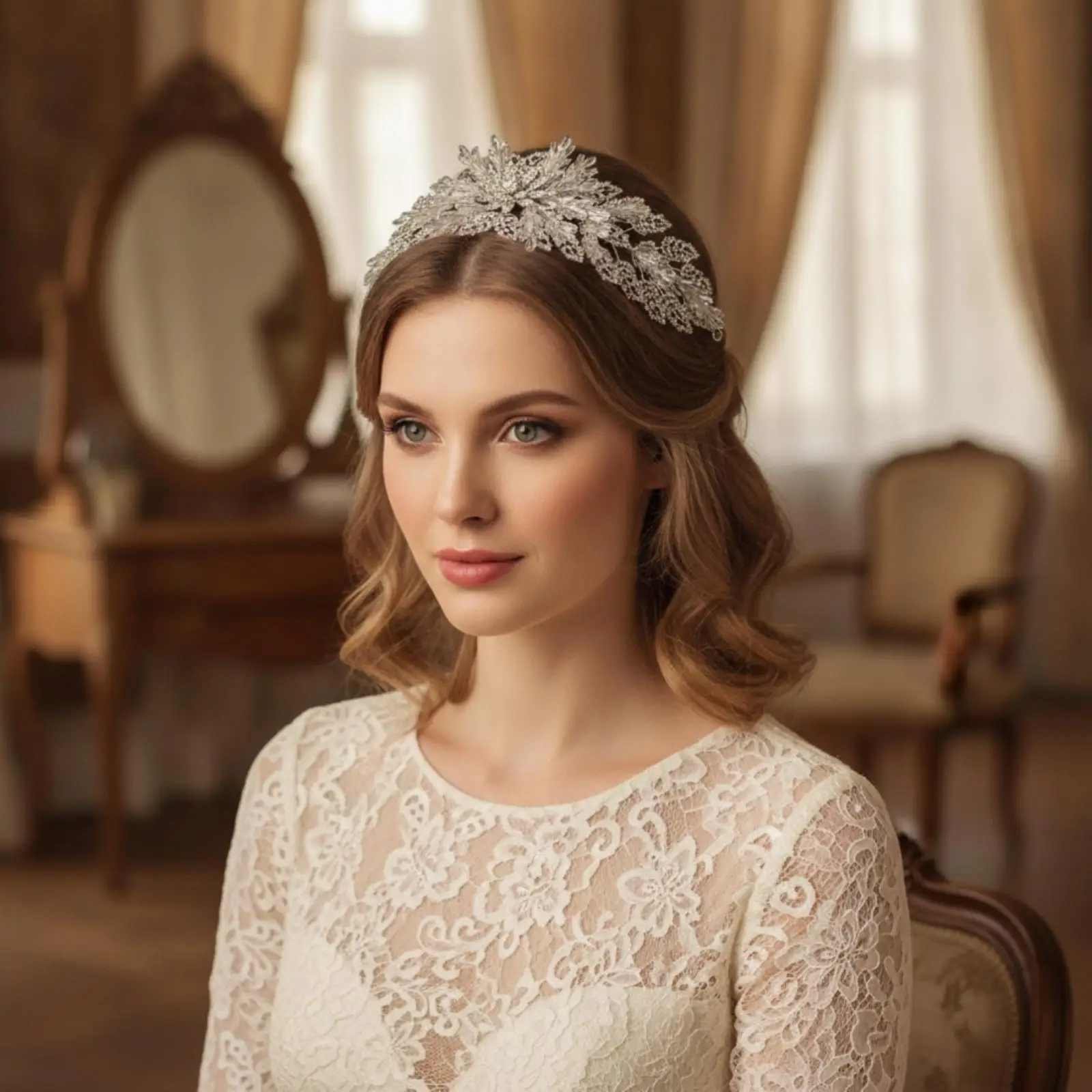 Crystal Wedding Hair Band for Women Bridal Headpiece with Pins Sparkling Silver Leaf Flower Hair Jewelry