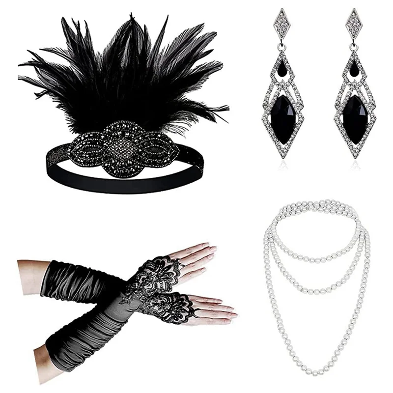 AOA-1920S Gatsby Cosplay Accessories Set for Women Flapper Headband 20S Headpiece Necklace Gloves