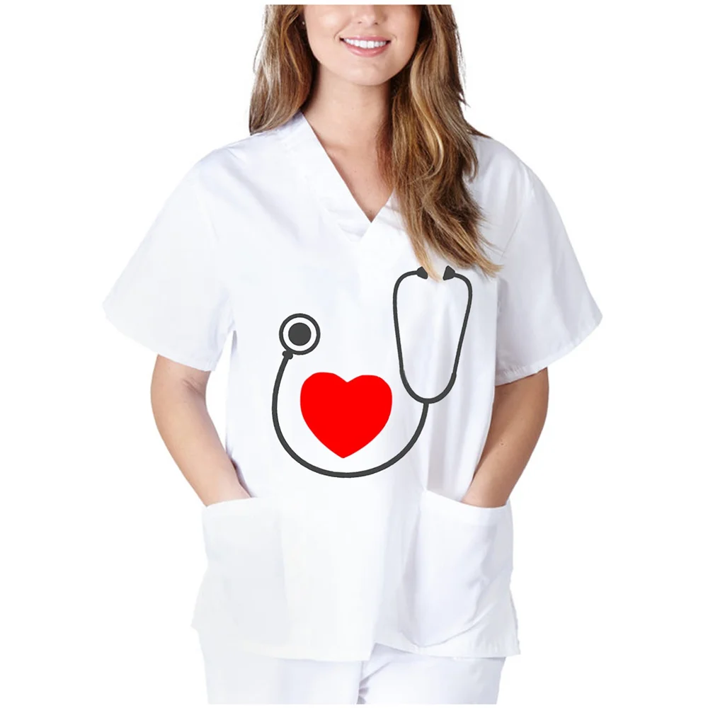 

Women Heart Print Nurses Uniform Short Sleeve V-neck Tops Working Uniform Printing Pocket Blouse Tops Pet Grooming Uniforms New