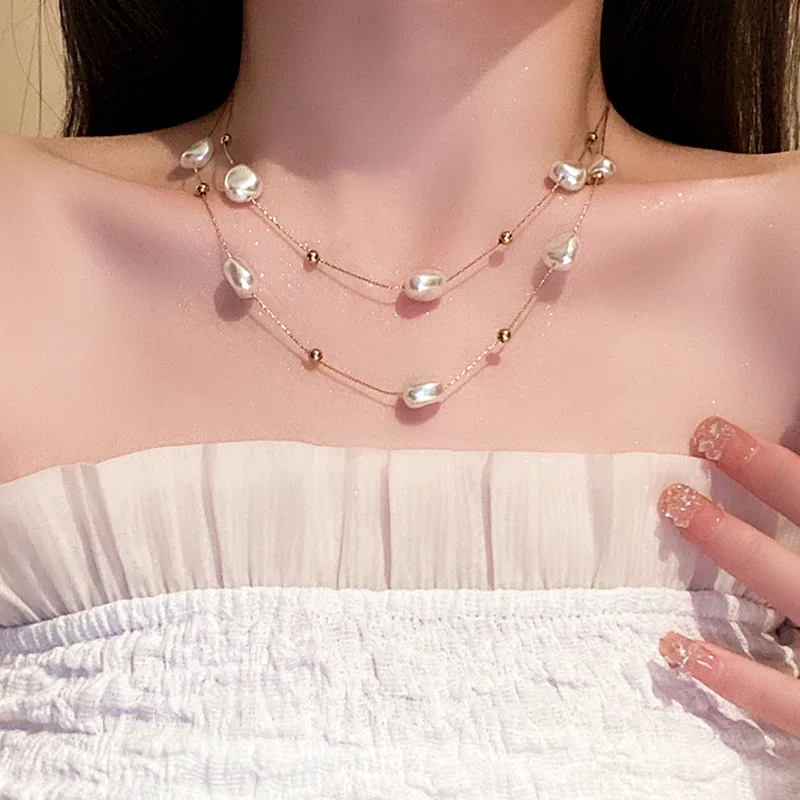 

Stainless Steel 2in1 Large Pearl Pendant Necklace For Women New Trend Girls Neck Jewelry Chain Wedding Party Gift