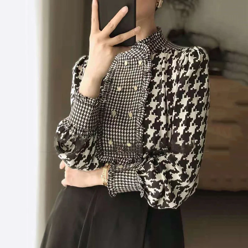 Vintage houndstooth camisa feminina primavera outono gola manga longa chiffon blusa elegante escritório senhora topos blusas mujer