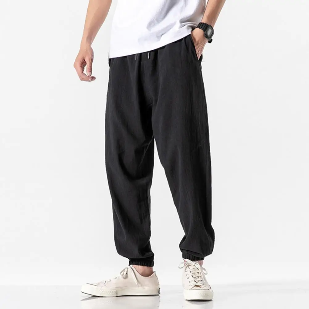 

Regular Fit Men Casual Trousers Retro Men's Ninth Pants with Side Pockets Drawstring Waist for Gym Training Jogging for Long