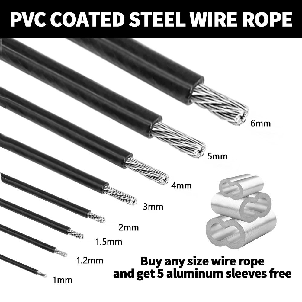 2/3/4/5/6 มม.เคลือบสีดํา PVC พลาสติก 304 สแตนเลสสตีลเชือกลวดสาย 5 M/10 M/50 M/100 M ความต้านทานการกัดกร่อนที่ดี