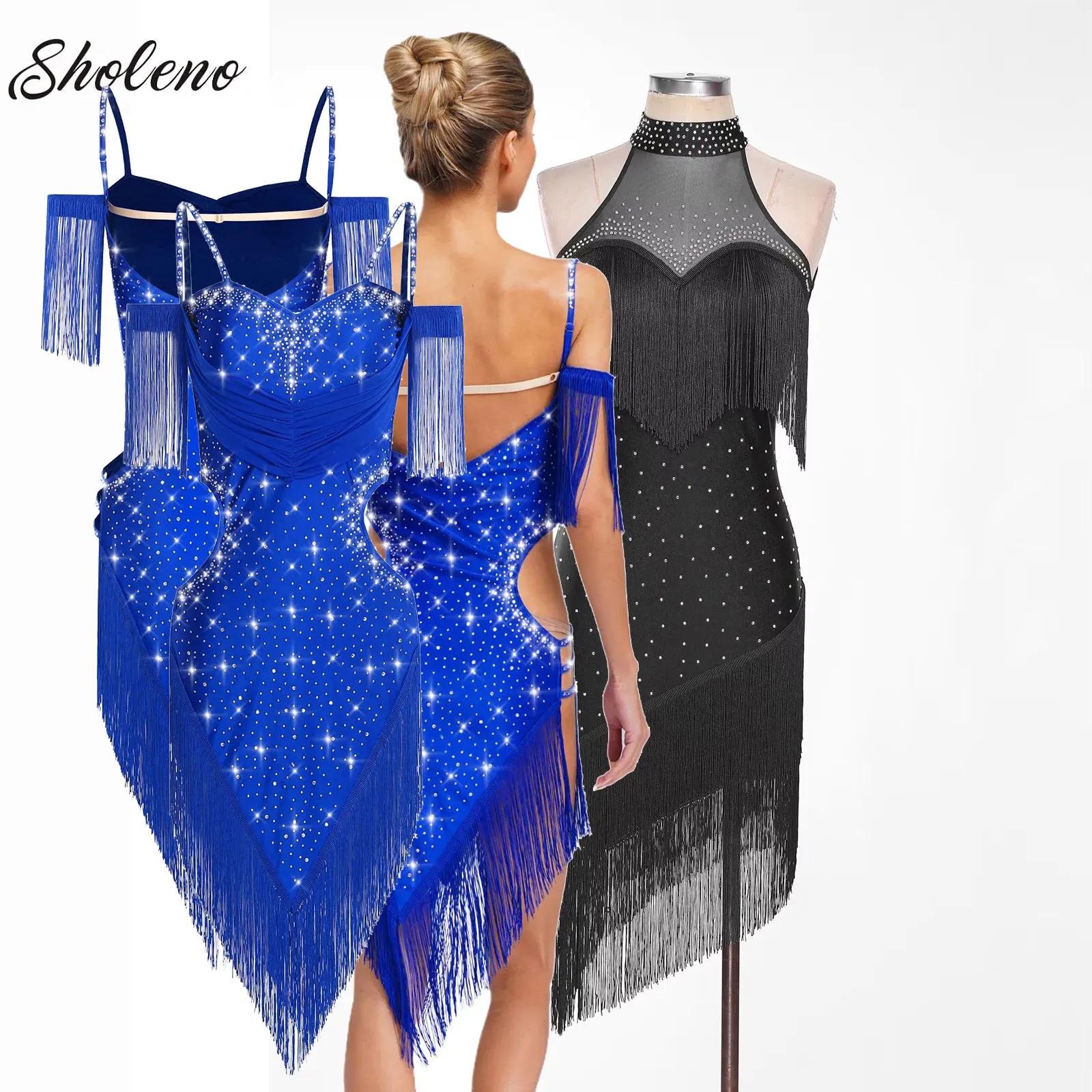 

Latin Dance Dress Competition Costumes Skirt Performing Rhinestones Adult Children Tassel Various Color Red White