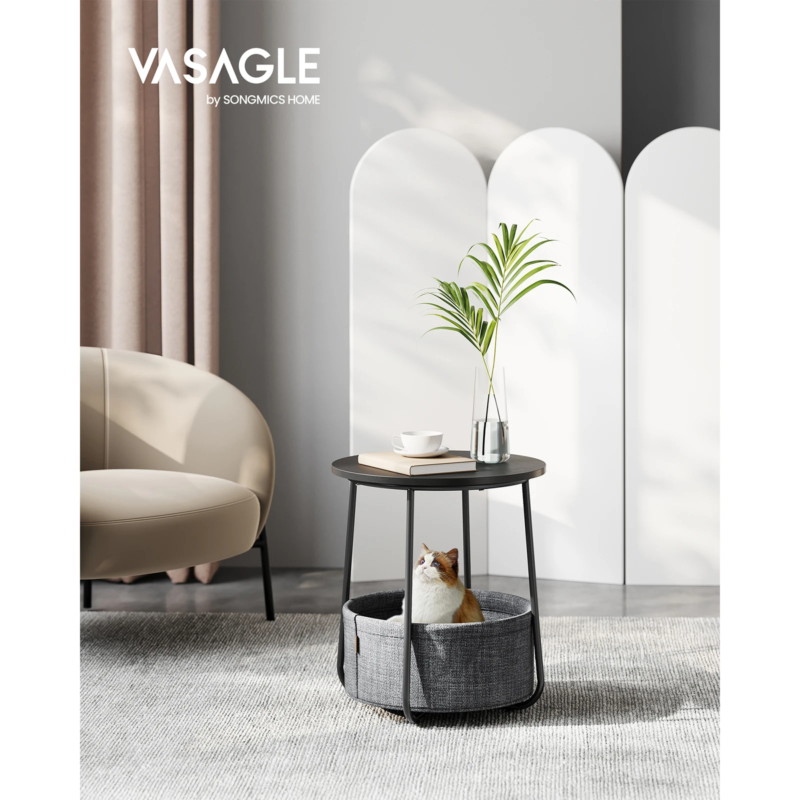 VASAGLE Side Table: Round End Table with Fabric Basket. Spacious for Living Room/Bedroom. Modern Style.